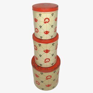 Vintage MCM Tin Kitchen Canisters 3 Black Red 40s